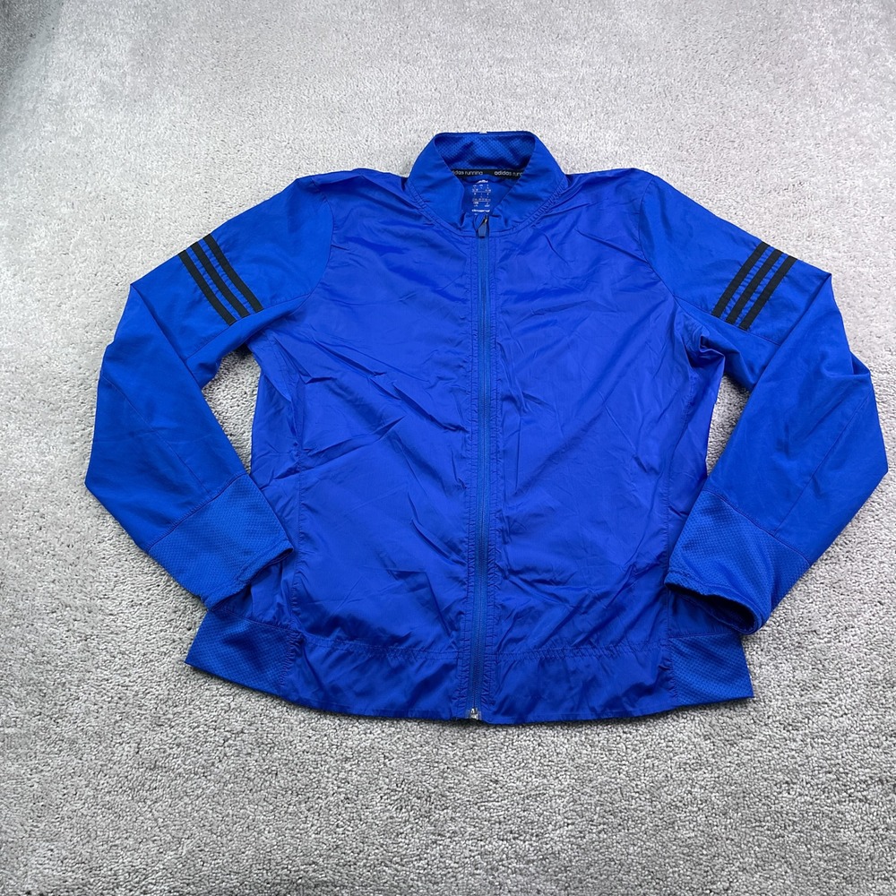 Adidas Jacket Womens Large Blue Climaproof Running Full Zip 3 Stripe Windbreaker